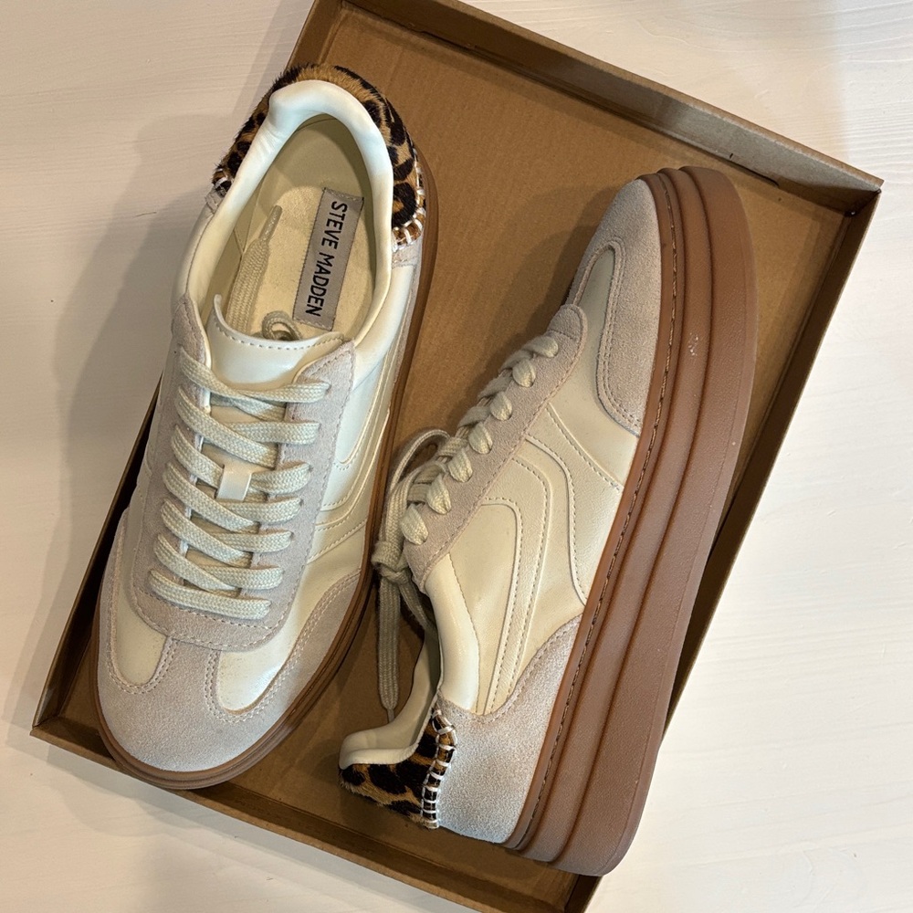 Steve Madden Beige and Tan Sneakers with Leopard Detail.